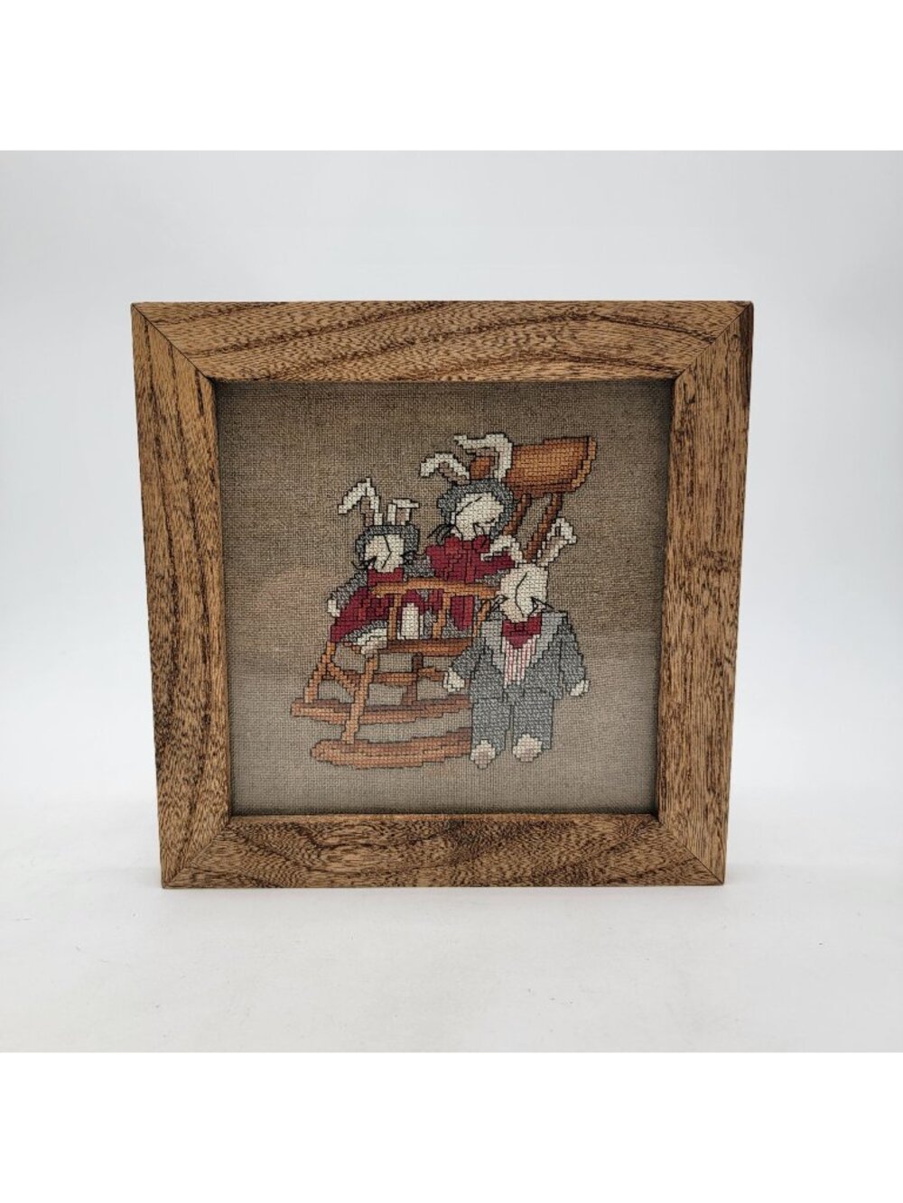 Vintage 1992 Signed Cross-Stitch Embroidered City Cousins Bunny Rabbits